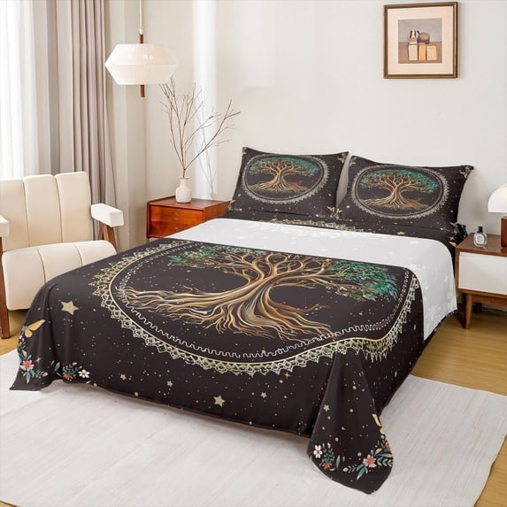 Manfei Retro Country Tree Bed Sheets,Rustic Botanical King Sheets,Vintage Boho Theme Sheet Set For Men Women,Luxury Bedroom Decor,4pcs