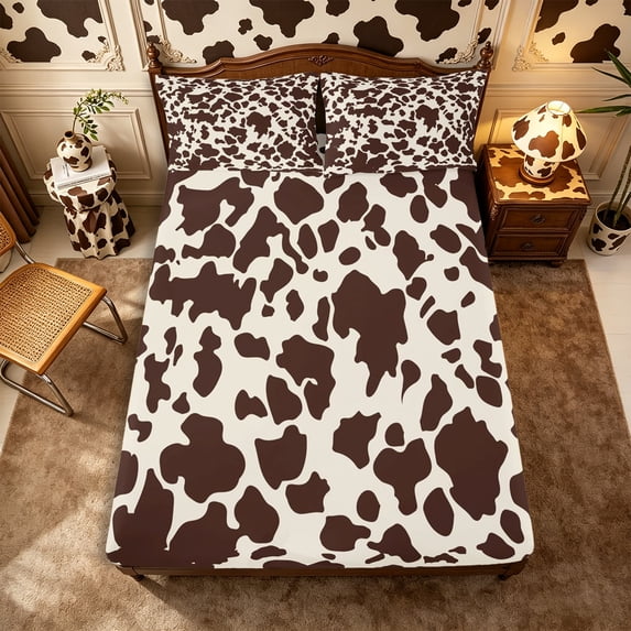 Manfei Retro Cow Print Fitted Sheet Full 3 Pieces,Minimalist Animal Pattern Bed Set,Beige Cream Brown,1 Fitted Sheet and 2 Pillowcases