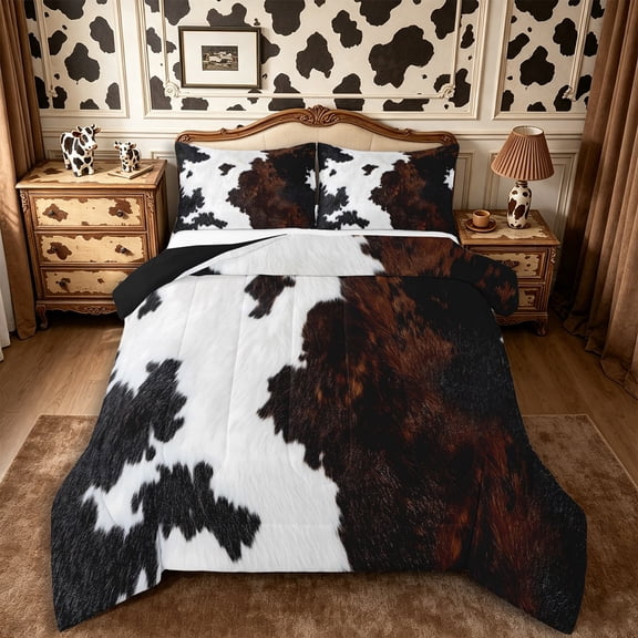 Manfei Retro Cow Print Full Size Comforter Sets 3-Piece,Abstract Animal Spot Bedding Comforter Set,Black White Brown,1 Comforter and 2 Pillowcases,Reversible