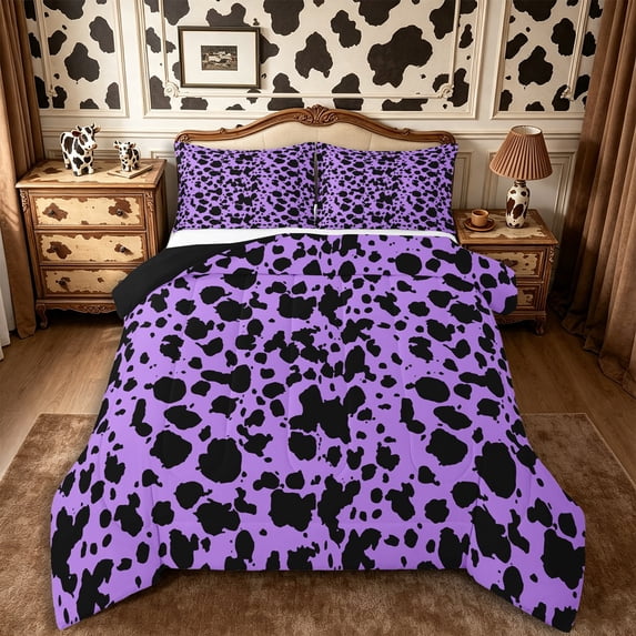 Manfei Retro Cow Print Queen Comforter Set 3 Pieces,Abstract Animal Spot Comforter Sets Queen,Purple Black,1 Comforter and 2 Pillowcases,Reversible