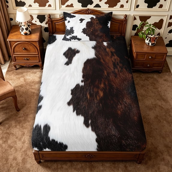 Manfei Retro Cow Print Twin Fitted Sheet 2 Pieces,Abstract Animal Spot Bedding,Black White Brown,1 Fitted Sheet and 1 Pillowcase