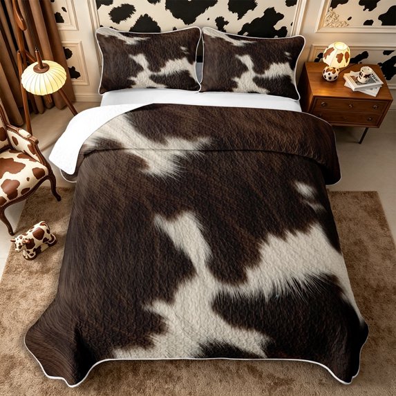 Manfei Retro Cow Print Twin Quilt Set 2 Pieces,Abstract Animal Spot Twin Coverlet Set,Dark Brown Cream,1 Bedspread and 1 Pillowcase