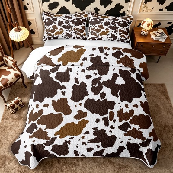 Manfei Retro Cow Print Twin Quilt Set 2 Pieces,Minimalist Animal Pattern Twin Coverlet Set,Dark Brown,1 Bedspread and 1 Pillowcase