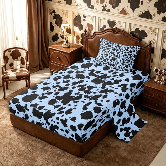Manfei Retro Cow Print Twin Sheets 3pcs,Rustic Farm Animal Bedding,Light Blue Black,1 Flat Sheet,1 Fitted Sheet and 1 Pillowcase