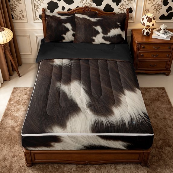 Manfei Retro Cow Print Zipper Full Size Comforter Sets with Fitted Sheet and 2 Pillowcases,Abstract Animal Spot Zipper Bedding Set,Dark Brown Cream,Reversible