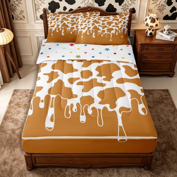 Manfei Retro Cow Print Zipper Queen Comforter Set with Fitted Sheet and 2 Pillowcases,Rustic Farm Animal Zipper Bedding Set,Rust White,Reversible