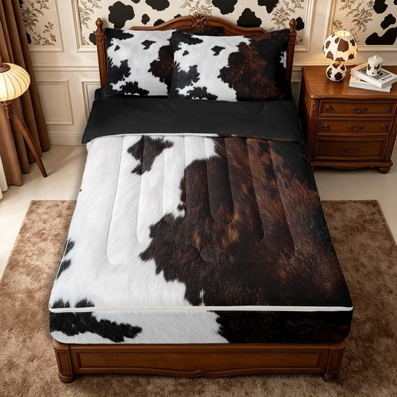 Manfei Retro Cow Print Zipper Twin Comforter Sets with Fitted Sheet and 2 Pillowcases,Abstract Animal Spot Zipper Bedding Set,Black White Brown,Reversible