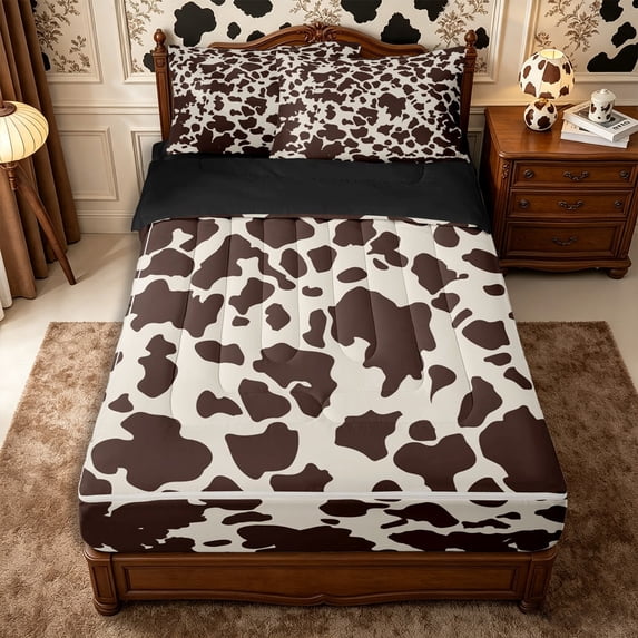 Manfei Retro Cow Print Zipper Twin Comforter Sets with Fitted Sheet and 2 Pillowcases,Minimalist Animal Pattern Zipper Bedding Set,Beige Cream Brown,Reversible