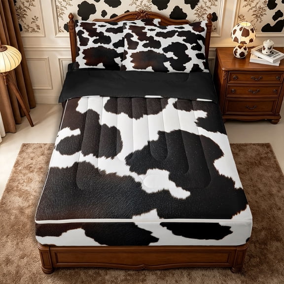 Manfei Retro Cow Print Zipper Twin Comforter Sets with Fitted Sheet and 2 Pillowcases,Rustic Farm Animal Zipper Bedding Set,White Brown,Reversible
