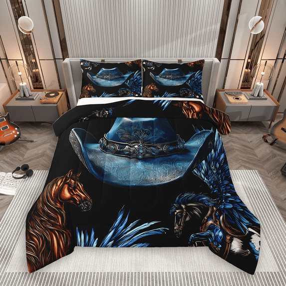 Manfei Retro Cowboy Hat Full Size Comforter Sets 3-Piece, Farm Horse Bedding Comforter Set, Black Blue Farmhouse Bedding Sets, Ultra Soft Home Decor