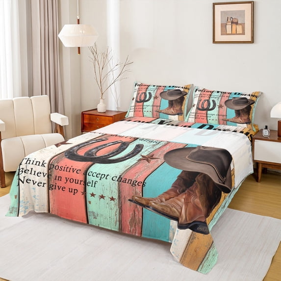 Manfei Retro Cowboy Queen Sheet Sets 4 Pieces, Hat Boots Horseshoes Flat Sheet, Colorful Barn Door Queen Fitted Sheet, Microfiber Bedroom Decor