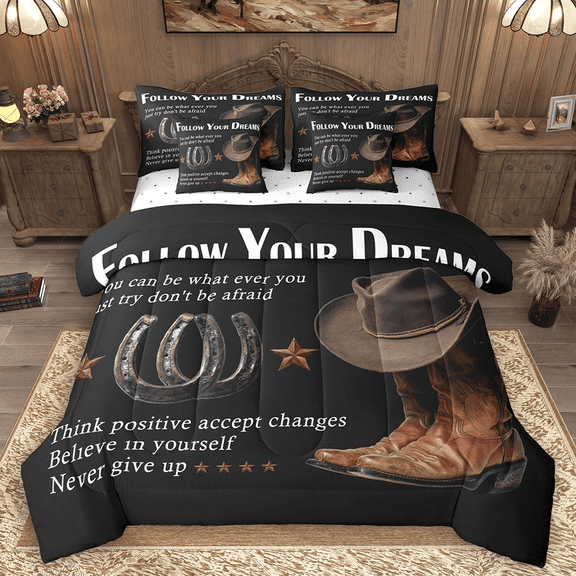 Manfei Retro Cowboy Twin Bedding Sets 7pcs, Hat Boots Horseshoes Bedding Comforter Set, Black Brown Sheet Sets, Ultra Soft Home Decor