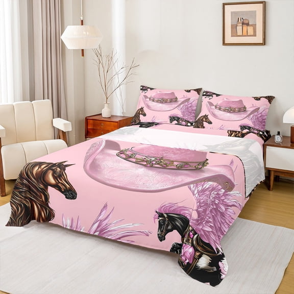 Manfei Retro Cowgirl Hat Full Size Sheets 4-Piece, Farm Horse Bed Sheets, Pink Farmhouse Sheet Sets, Breathable Home Decor