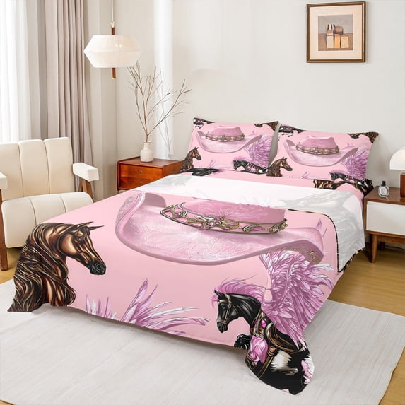 Manfei Retro Cowgirl Hat Queen Sheet Sets 4 Pieces, Farm Horse Flat Sheet, Pink Farmhouse Queen Fitted Sheet, Breathable Home Decor