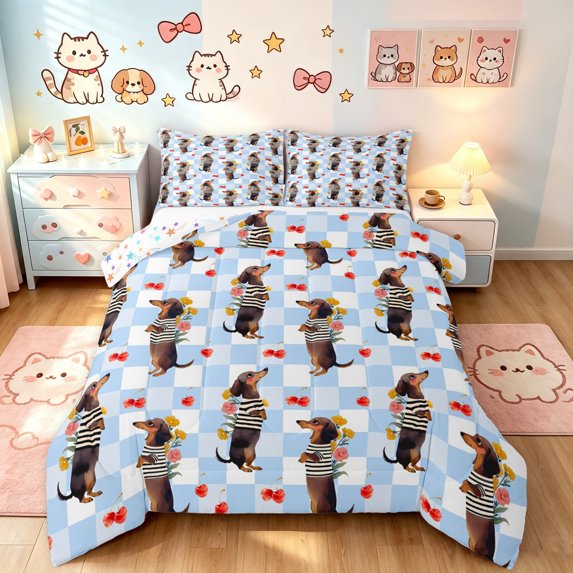 Manfei Retro Dachshund Queen Comforter Set, Standing Puppy Comforter Sets Queen, Blue, Stars Reversible, 3 Pieces, 1 Comforter and 2 Pillowcases