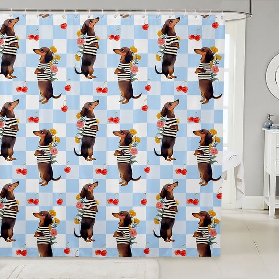 Manfei Retro Dachshund Shower Curtain 72Wx84L, Standing Puppy Bathroom Shower Curtain, Blue