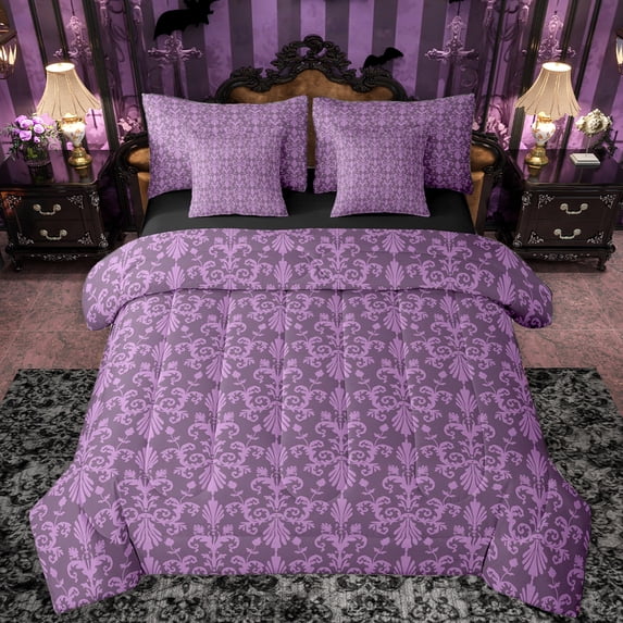 Manfei Retro Damask 7-Piece Bedding Comforter Set,Vintage Victorian Floral King Bedding Sets,Purple Black Bed Sheets For Men Women,Luxury Bedroom Decor Reversible