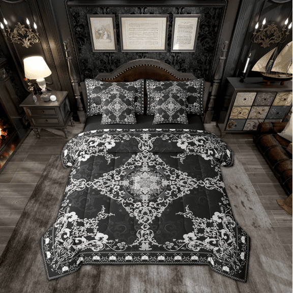Manfei Retro Damask Flower 7-Piece Bedding Comforter Set,Vintage Floral King Bedding Sets,Black White Bed Sheets For Boys,Microfiber Bedroom Decor Reversible