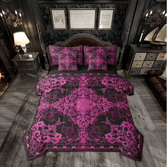 Manfei Retro Damask Flower 7-Piece Bedding Comforter Set,Vintage Floral King Bedding Sets,Pink Black Bed Sheets For Boys,Microfiber Bedroom Decor Reversible