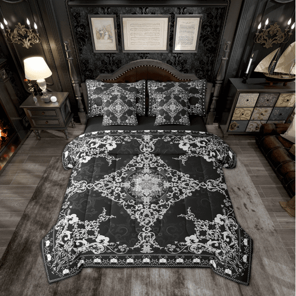 Manfei Retro Damask Flower 7-Piece Twin Bedding Sets,Vintage Floral Bedding Comforter Set,Black White Sheet Sets For Boys,Microfiber Bedroom Decor Reversible