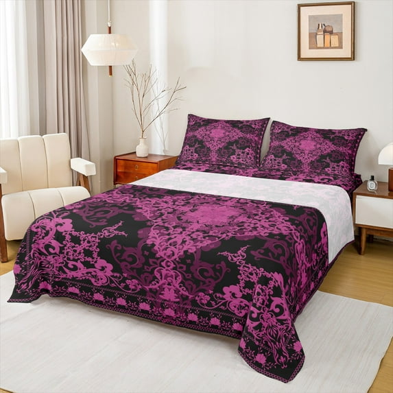 Manfei Retro Damask Flower Bed Sheets,Vintage Floral King Sheets,Pink Black Sheet Set For Boys,Microfiber Bedroom Decor,4 Pieces