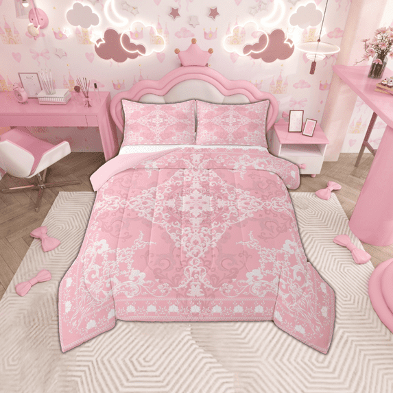 Manfei Retro Damask Flower King Size Comforter Sets,Vintage Floral Bedding Comforter Set,White Pink Bedding Set For Boys,Microfiber Bedroom Decor Reversible,3-Piece