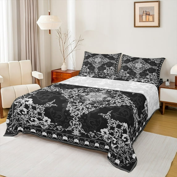 Manfei Retro Damask Flower Twin Sheet Sets,Vintage Floral Twin Fitted Sheet,Black White Flat Sheet For Boys,Microfiber Bedroom Decor,3-Piece