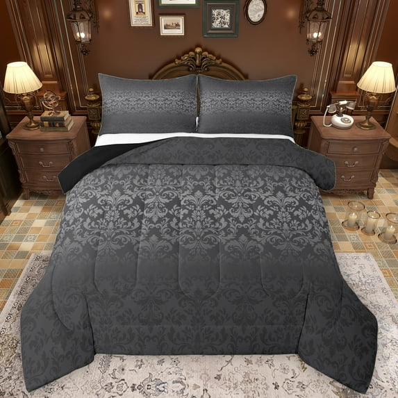 Manfei Retro Damask Full Size Comforter Sets,Vintage Victorian Floral Bedding Comforter Set,Gray Black Ombre Bedding Sets For Men Women,Luxury Bedroom Decor Reversible,3pcs