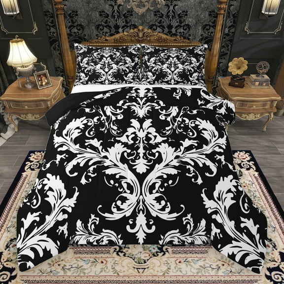 Manfei Retro Damask Jacquard Bedding Comforter Set,Baroque Flower Floral Twin Comforter Sets,White Black Bedding Set For Adult,Super Cozy Room Decoration Reversible,2-Piece