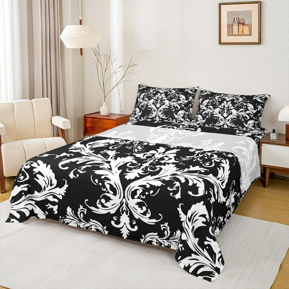 Manfei Retro Damask Jacquard Full Size Sheets,Baroque Flower Floral Bed Sheets,White Black Sheet Sets For Adult,Super Cozy Room Decoration,4 Pieces