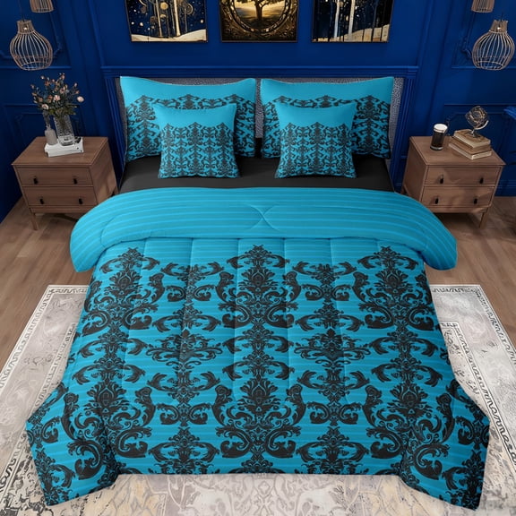 Manfei Retro Damask Print 7-Piece Bedding Comforter Set,Vintage Baroque Flower King Bedding Sets,Cyan Black Bed Sheets For Men Women,Ultra Soft Home Decor Reversible
