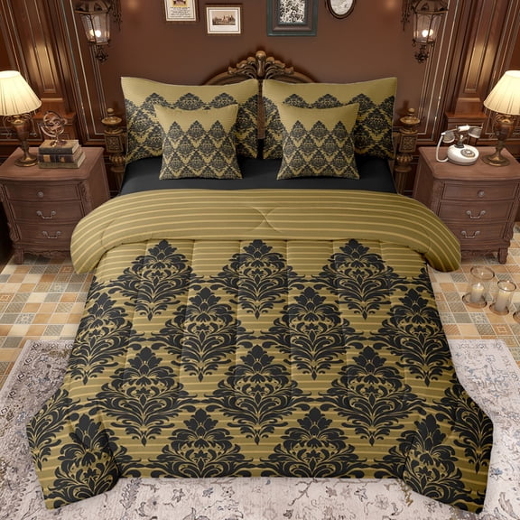 Manfei Retro Damask Print 7-Piece Twin Bedding Sets,Vintage Baroque Flower Bedding Comforter Set,Black bohemian Flowers Sheet Sets For Men Women,Ultra Soft Home Decor Reversible