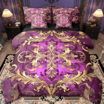 Manfei Retro Damask Print 7-Piece Twin Bedding Sets,Vintage Baroque Flower Bedding Comforter Set,Gold Purple Sheet Sets For Men Women,Super Cozy Room Decor Reversible