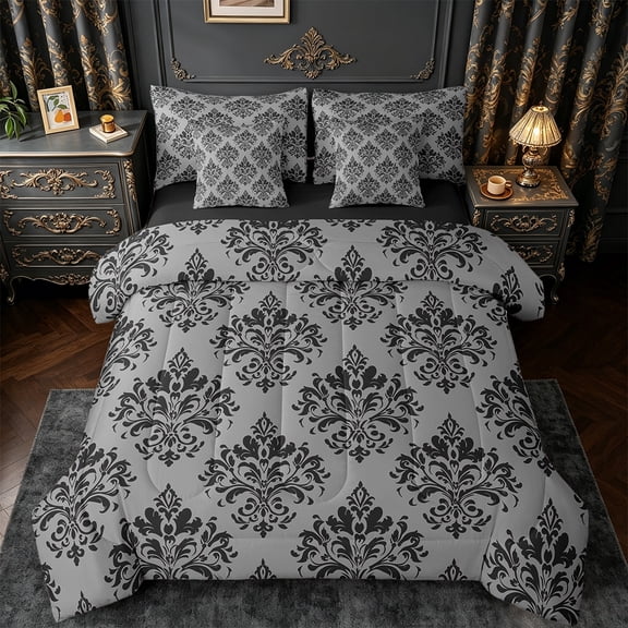 Manfei Retro Damask Print 7-Piece Twin Bedding Sets,Vintage Baroque Flower Bedding Comforter Set,Gray Black Sheet Sets For Men Women,Super Cozy Room Decor Reversible