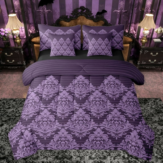 Manfei Retro Damask Print 7-Piece Twin Bedding Sets,Vintage Baroque Flower Bedding Comforter Set,Purple bohemian Flowers Sheet Sets For Men Women,Ultra Soft Home Decor Reversible