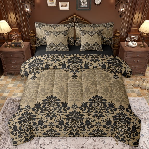 Manfei Retro Damask Print 7 Pieces Bedding Comforter Set,Vintage Baroque Flower Full Bedding Set,Gold Black Fitted Sheet Flat Sheet For Men Women,Ultra Soft Home Decor Reversible