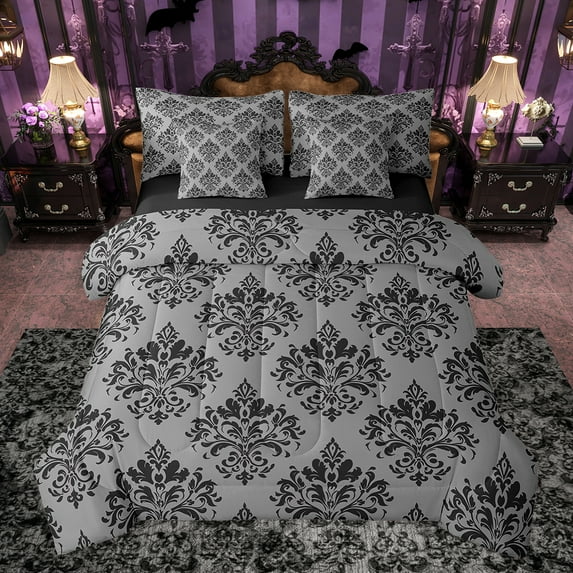 Manfei Retro Damask Print 7pcs Bedding Comforter Set,Vintage Baroque Flower Queen Bedding Sets,Gray Black Queen Sheet Sets For Men Women,Super Cozy Room Decor Reversible