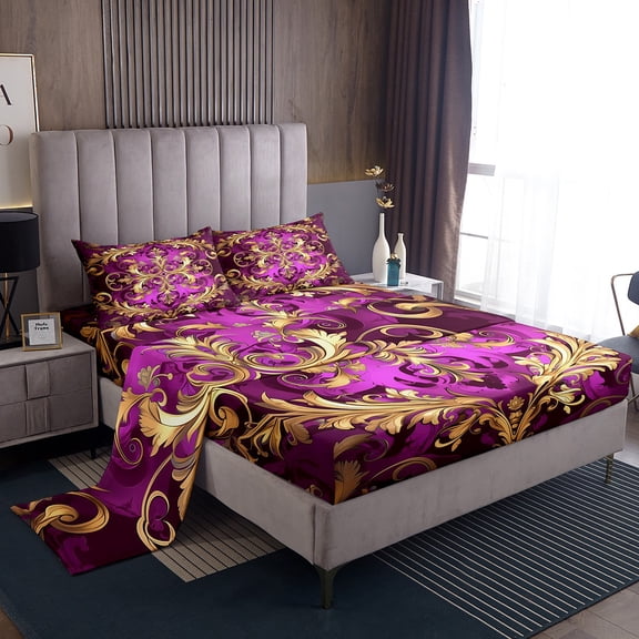 Manfei Retro Damask Print Bed Sheets,Vintage Baroque Flower King Sheets,Gold Purple Sheet Set For Men Women,Super Cozy Room Decor,4-Piece