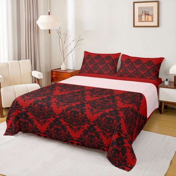 Manfei Retro Damask Print Bed Sheets,Vintage Baroque Flower King Sheets,Gothic Skull Sheet Set For Men Women,Ultra Soft Home Decor,4pcs