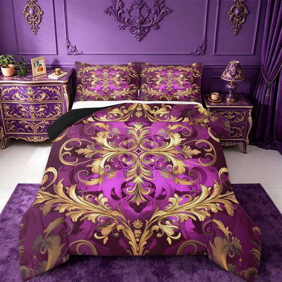 Manfei Retro Damask Print Bedding Comforter Set,Vintage Baroque Flower Twin Comforter Sets,Gold Purple Bedding Set For Men Women,Super Cozy Room Decor Reversible,2-Piece
