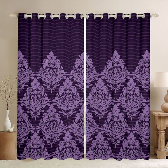 Manfei Retro Damask Print Black Out Curtains,Vintage Baroque Flower Curtains Pack of 2 (42x63 Each),Purple bohemian Flowers Bedroom Curtains For Men Women,Ultra Soft Home Decor