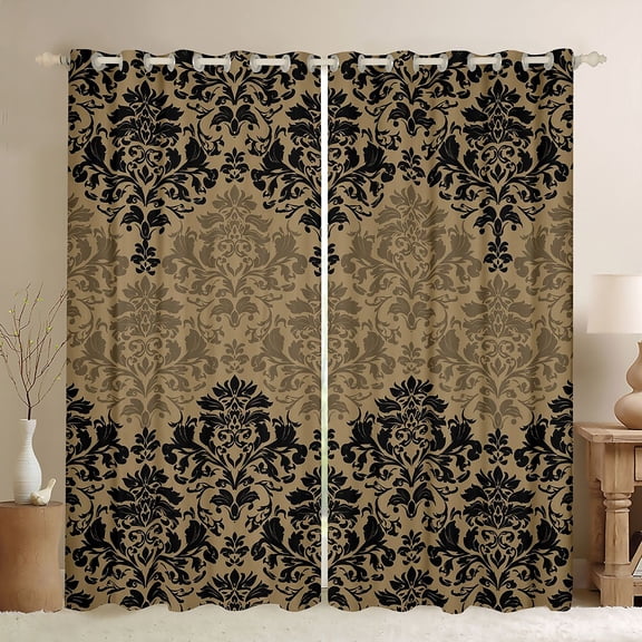 Manfei Retro Damask Print Blackout Curtains Set of 2 (52x84 Each),Vintage Baroque Flower Window Curtains,Gold Black Curtains and Drapes For Men Women,Ultra Soft Home Decor