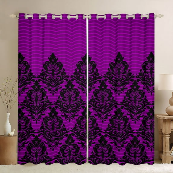 Manfei Retro Damask Print Curtains Pack of 2 (42x84 Each),Gothic Moth Curtains Blackout,Purple bohemian Flowers Bedroom Curtains For Men Women,Ultra Soft Home Decor