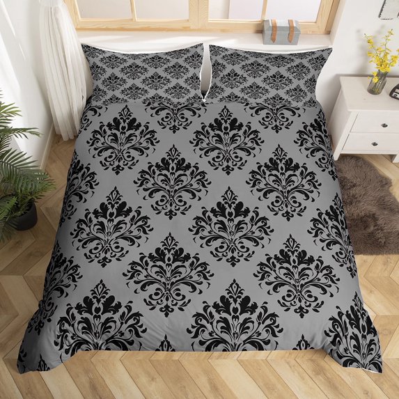Manfei Retro Damask Print Duvet Cover Twin,Vintage Baroque Flower Bedding Sets Twin Size,Gray Black Bed Set For Men Women,Super Cozy Room Decor Reversible(No Comforter),2-Piece