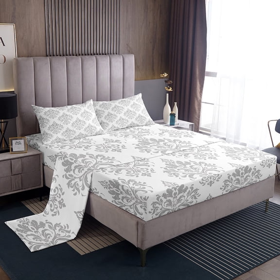 Manfei Retro Damask Print Twin Sheet Sets,Vintage Baroque Flower Twin Fitted Sheet,White Gray Flat Sheet For Men Women,Super Cozy Room Decor,3-Piece