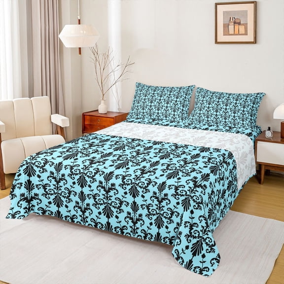 Manfei Damask Cyan Black Twin 3-Piece Reversible Adult Luxury Vintage Floral Sheet Set