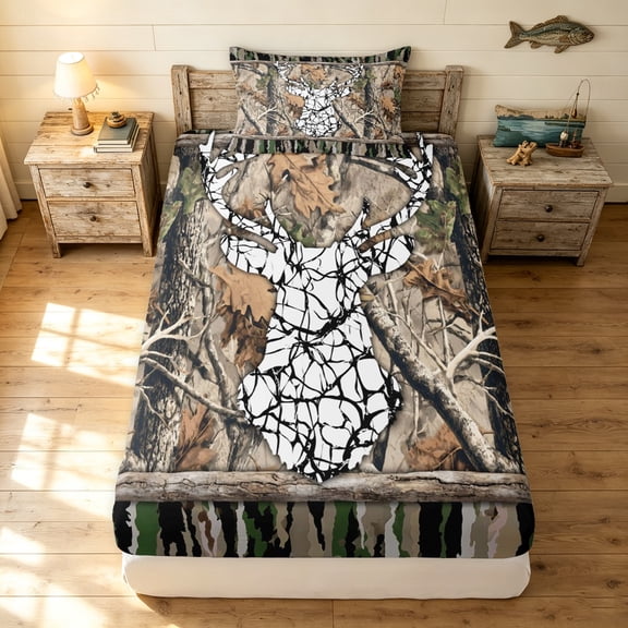 Manfei Retro Deer Camouflage Twin Fitted Sheet, Branches Camo Bedding, Desert Tan, 2 Pieces, 1 Fitted Sheet and 1 Pillowcase