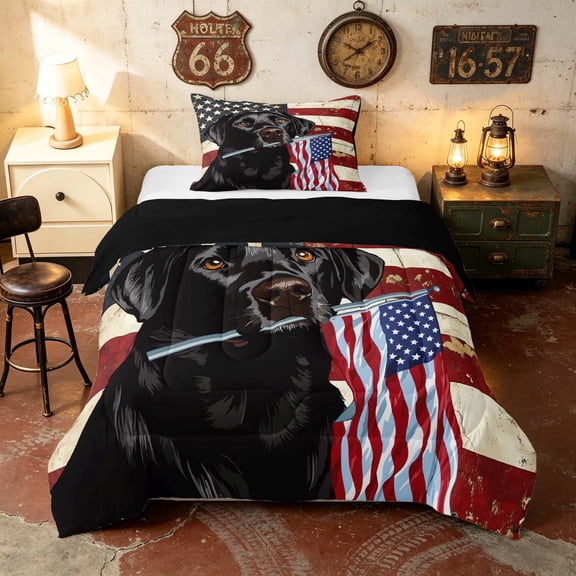Manfei Retro Dog Twin Comforter Sets, American Flag Bedding Set, Black Red White Blue, Black Reversible 2pcs, 1 Comforter and 1 Pillowcase