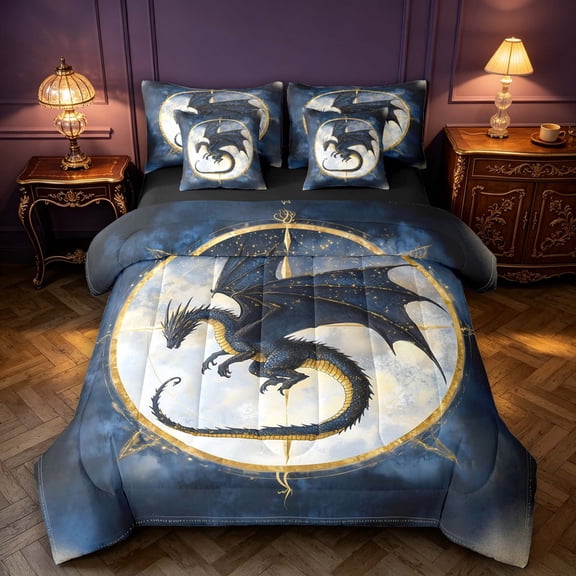 Manfei Retro Dragon Animals 7-Piece King Bedding,Vintage Starry Sky King Bed in a Bag,Blue Gray,Black Reversible