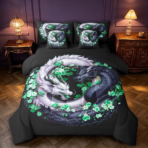 Manfei Retro Dragon Animals 7 Pieces Full Size Bedding Sets,Gothic Floral Full Size Bed in a Bag,Black,Black Reversible